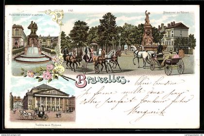 Lithographie Bruxelles, Boulevard du Régent, Théâtre de la Monnaie, Monument d`Egmont et de Horn