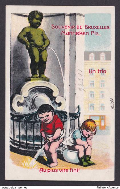 Vintage Postcard Belgium Brussels Manneken Pis Trio Humor