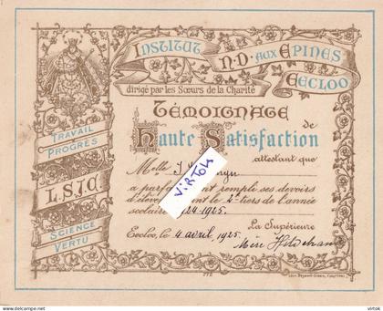 EECLOO - Eeklo : carte d'Honneur : institut N.D. aux Epines    1925