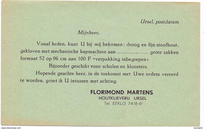 briefkaart - Ursel Knesselare - pub reclame houtklieverij Florimond Martens