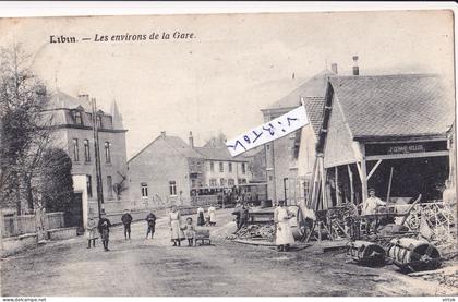 Libin Les environs de la gare avec tram dans le fond bien animée circulé en 1922