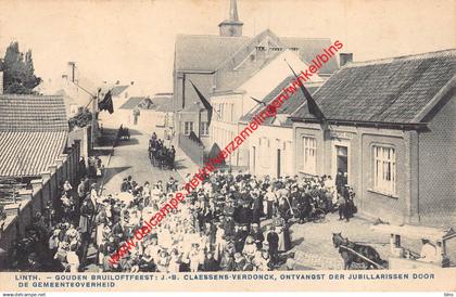 Linth - Gouden Bruiloft J.-B. Claessens-Verdonck - ontvangst der Jubillarissen door de Gemeenteoverheid - Lint