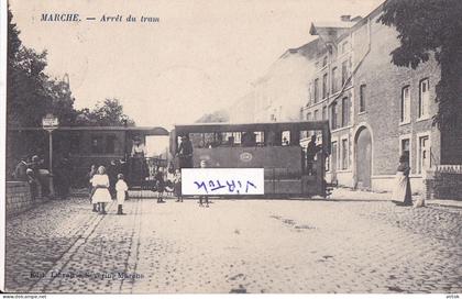 Marche  :      Arret du Tram    ecrit    1910