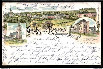 Lithographie Raeren, Burg Raeren, Kirche, Ortspanorama
