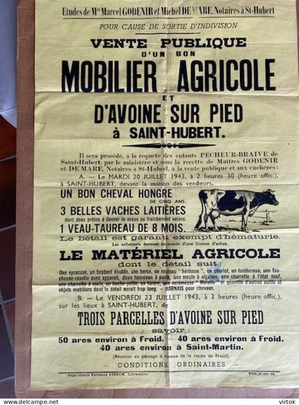 Saint Hubert -  : vente publique MOBILIER AGRICOLE 1943   ( 73 cm x 50cm ) ref.X30