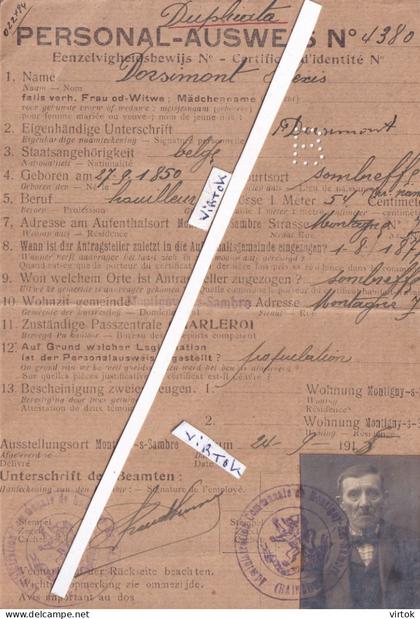 SOMBREFFE    : Personal-Ausweiss   :  Alexis Dorsimont     20.5 x 15 cm  (  WW1  14-18  )