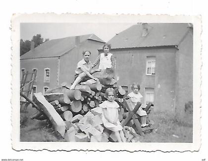 ANCIENNE PHOTO TINTIGNY, ENFANTS ASSIS SUR TAS DE BOIS, PROVINCE DE LUXEMBOURG, BELGIQUE