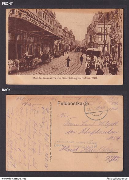 WWI Feldpost Postcard Tournai Belgium Rue de Tournai before Shelling 1915