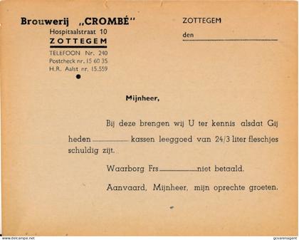 ZOTTEGEM -  BRIEFKAART.  BROUWERIJ  CROMBE  HOSPITAALSTRAAT 10 ZOTTEGEM