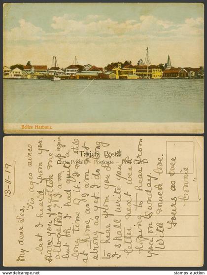 Belize British Honduras 1919 Old Colour Postcard Harbour Boat Panorama Caribbean