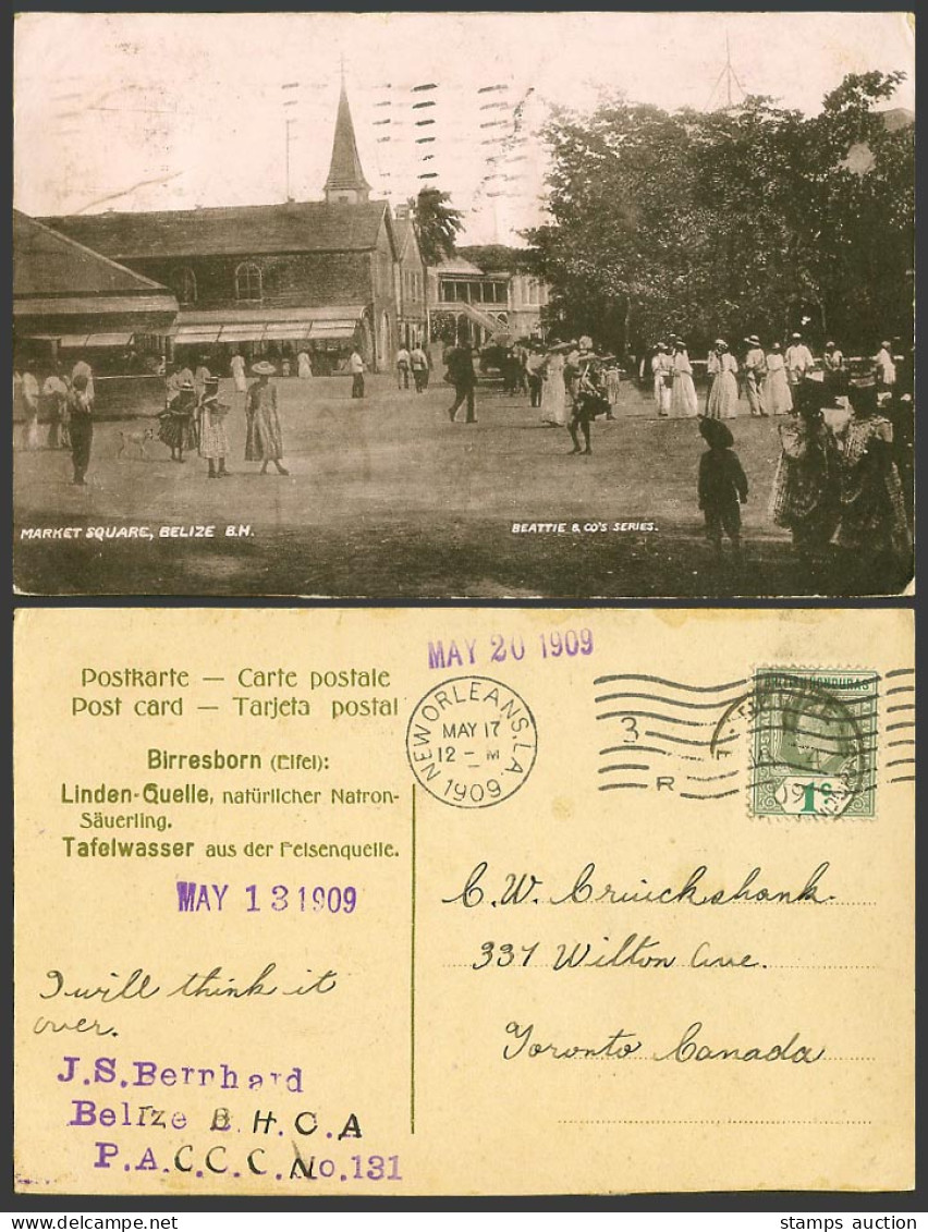 BELIZE British Honduras KE7 1c 1909 Old Postcard Market Square Street Scene Ads.