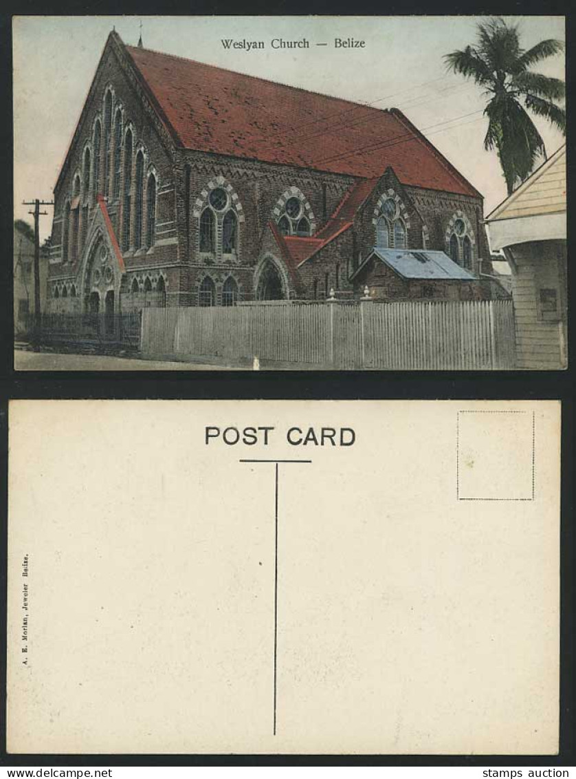 BELIZE British Honduras THE WESLYAN CHURCH Palms Old Hand Tinted Colour Postcard