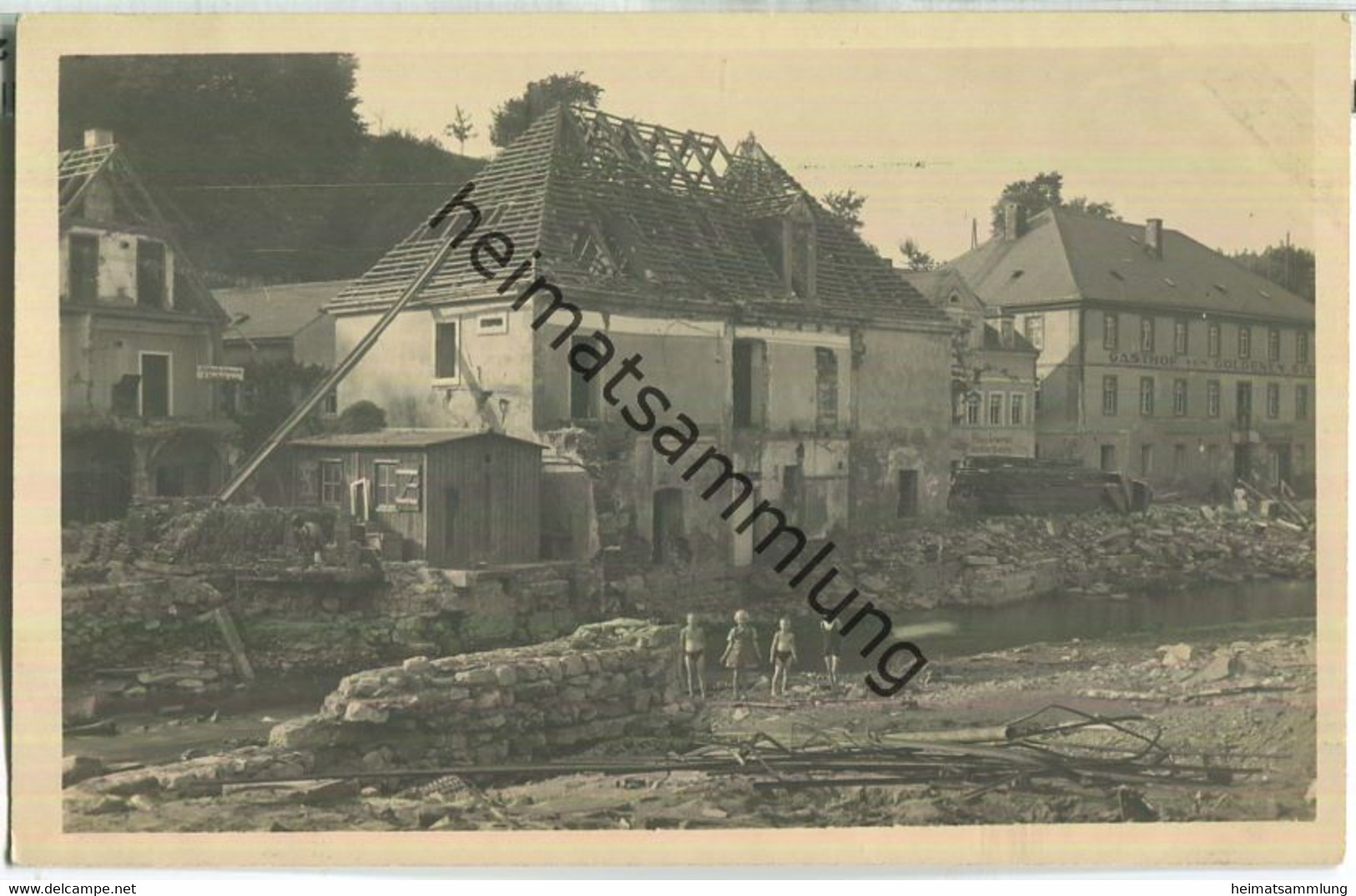 Berggiesshübel nach der Hochwasserkatastrophe Juli 1927 - Bäckerei Wilhelm Schelle - Gasthaus zum Goldenen Stern