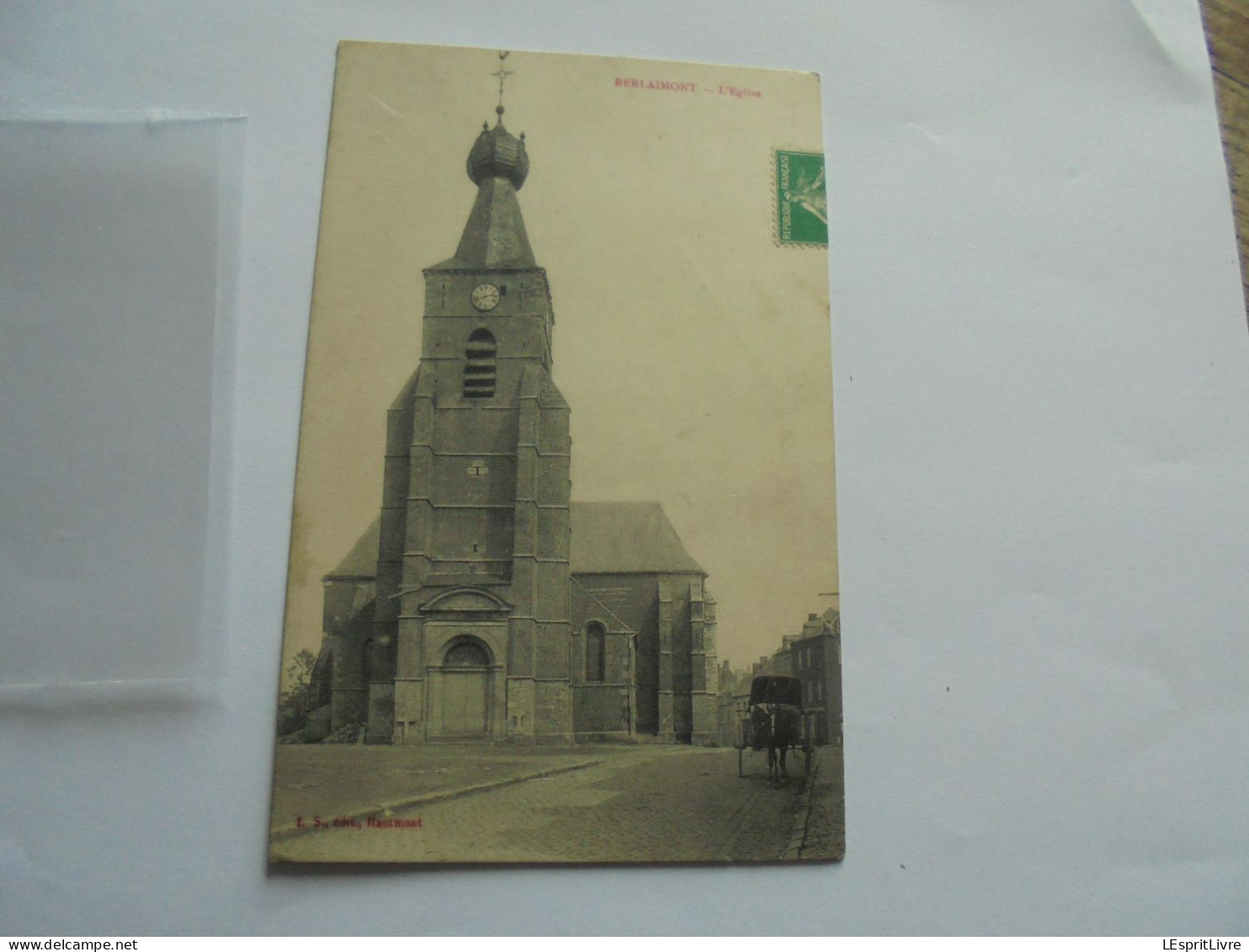 BERLAIMONT L'Eglise Attelage Cheval Animée Carte Postale Postcard AK CP PK