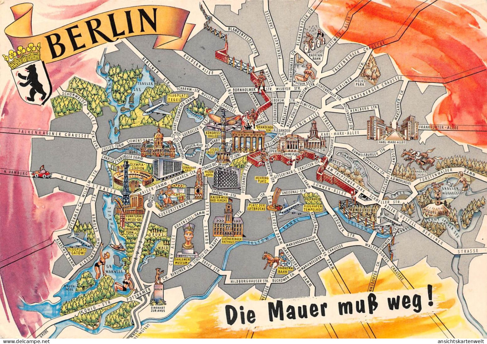 Berlin Berliner Mauer Stadtplan-AK gl1963 #186.124