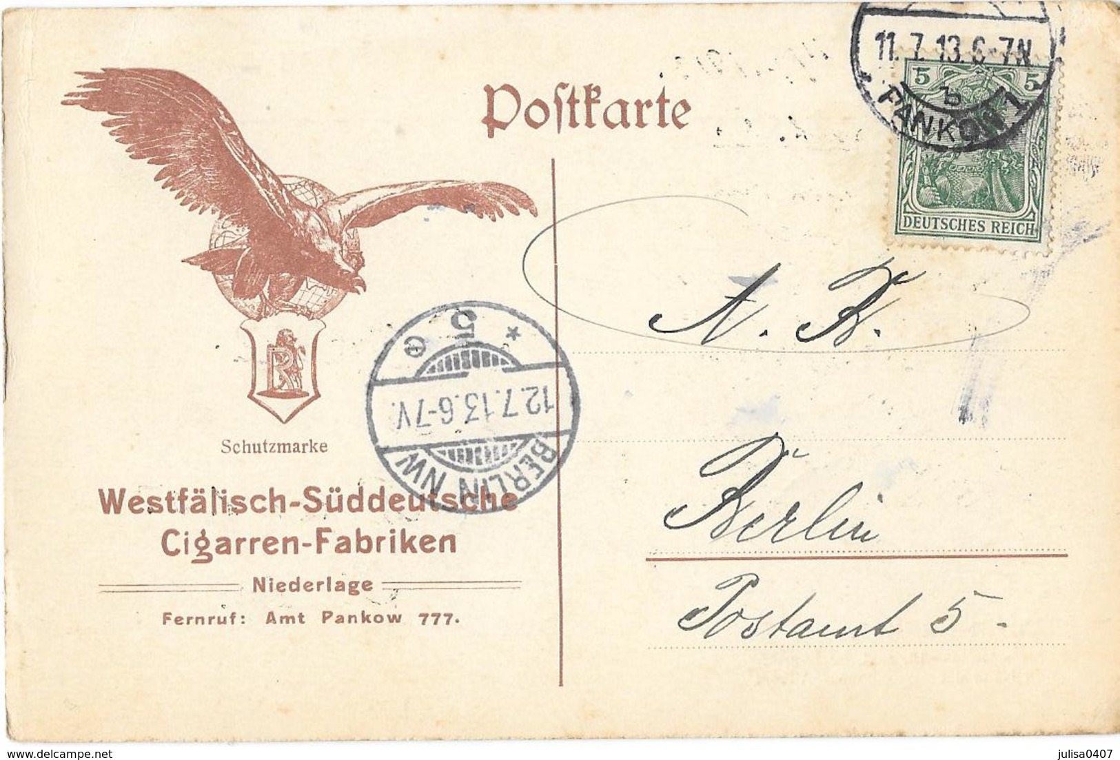 BERLIN PANKOW (Allemagne) Westfalisch Suddeutsche Cigarren Fabriken