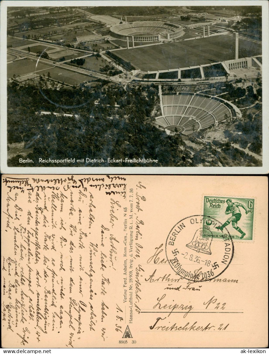 Berlin Stadion Reichssportfeld Luftbild 1936 Olympia Sonderstempel u Briefmarke