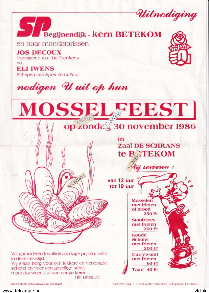 Betekom ( Begijnendijk ) :  SP mosselfeest 1986 in zaal de schrans  (  DOC A4 )