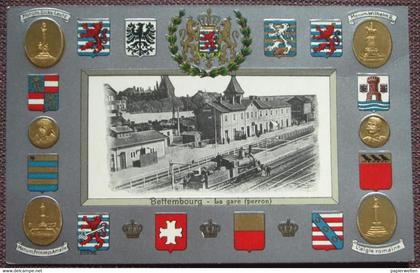 Bettemburg / Bettembourg - Reliefkarte "La gare (perron)" / Dampflok (Edition H. Guggenheim & Co, Zürich)