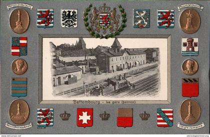 ! Wappen Ansichtskarte, Bettembourg, bettemburg, La gare, Bahnhof, Eisenbahn, Dampflok, Luxemburg, Luxembourg