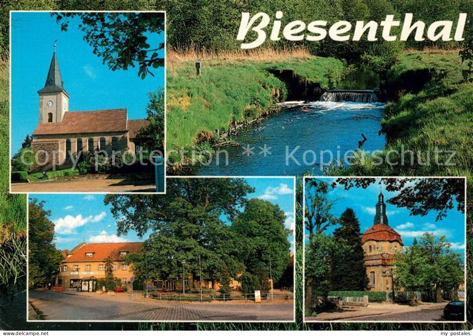 Biesenthal-Bernau Kirche Alte Eiche am Marktplatz Uferpartie am Bach Wehr