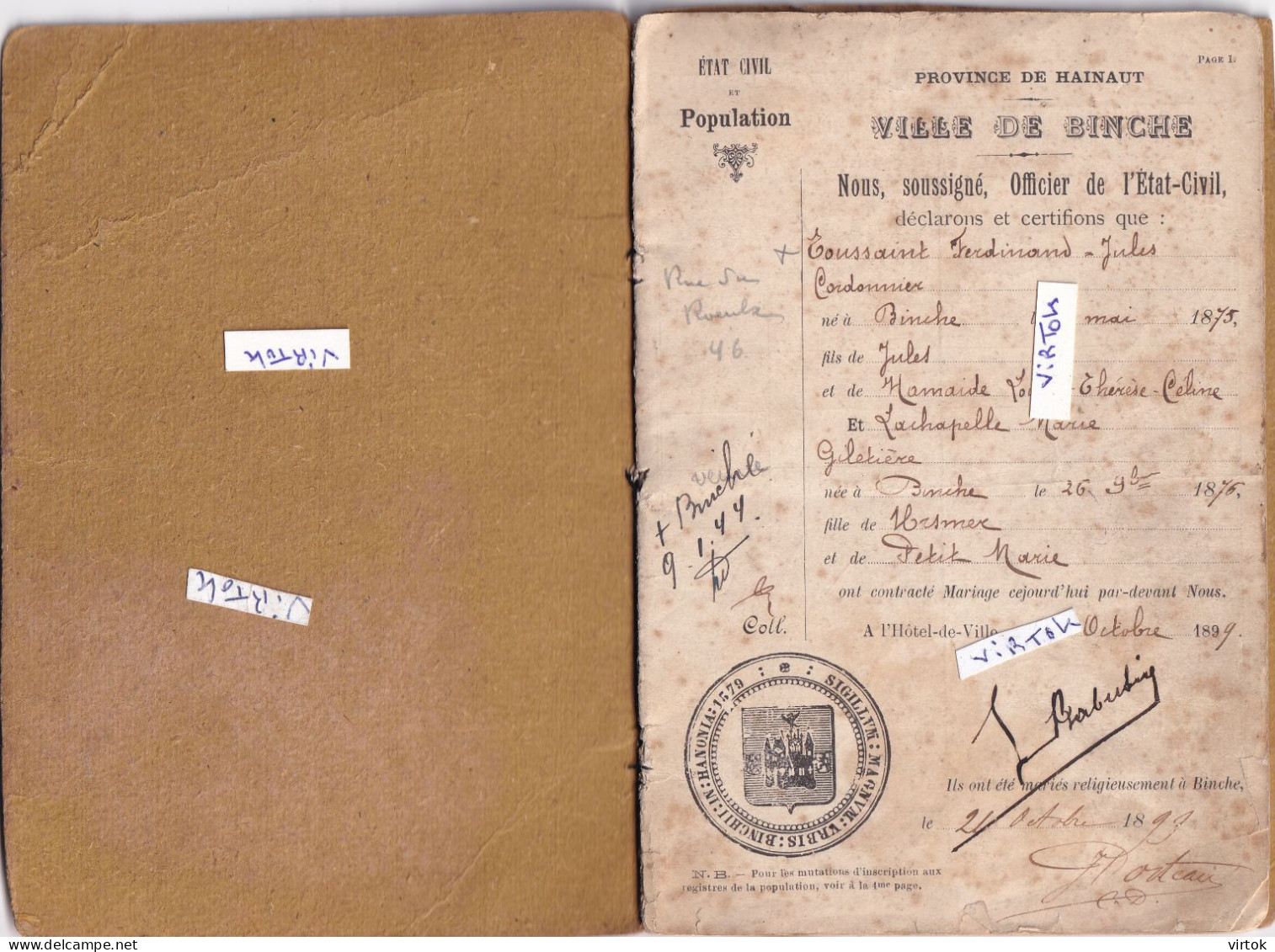 BINCHE   :  carnet de mariage   1899      see scans