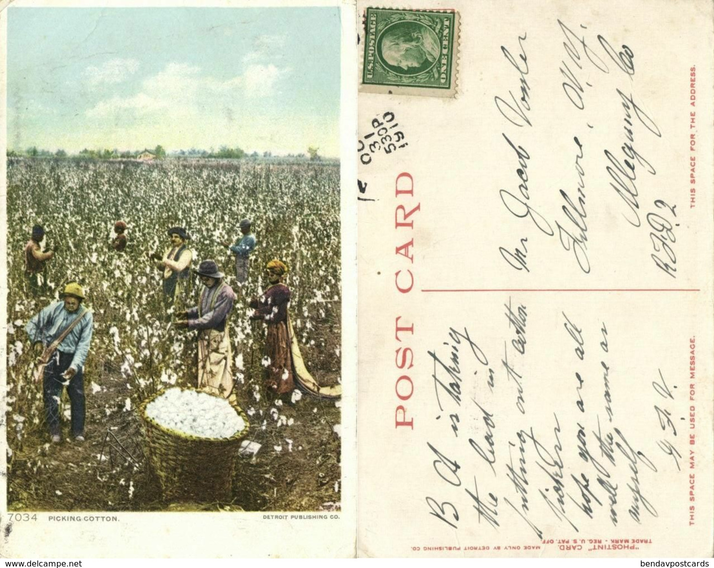 Black Americana, "Picking Cotton" (1910) Detroit Publishing Co. 7034 Postcard