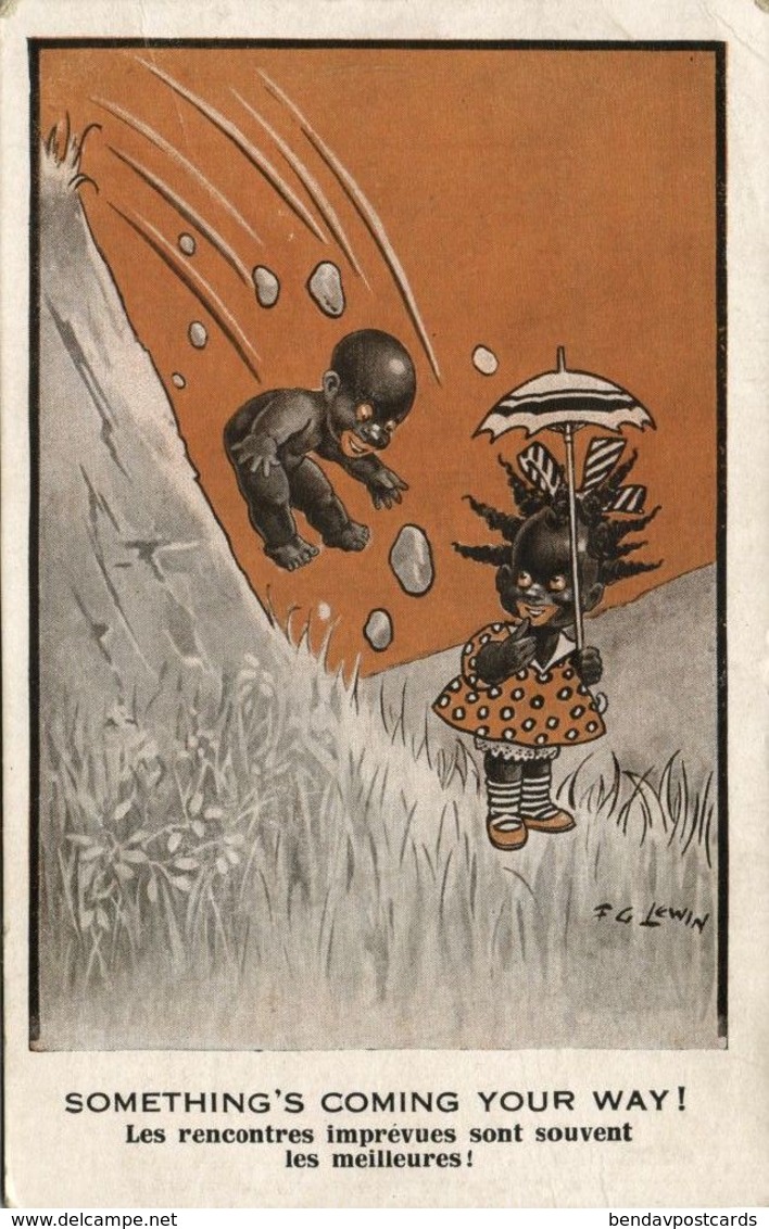 Black Americana, "Something's coming your Way!", Signed Lewin (1920) Postcard