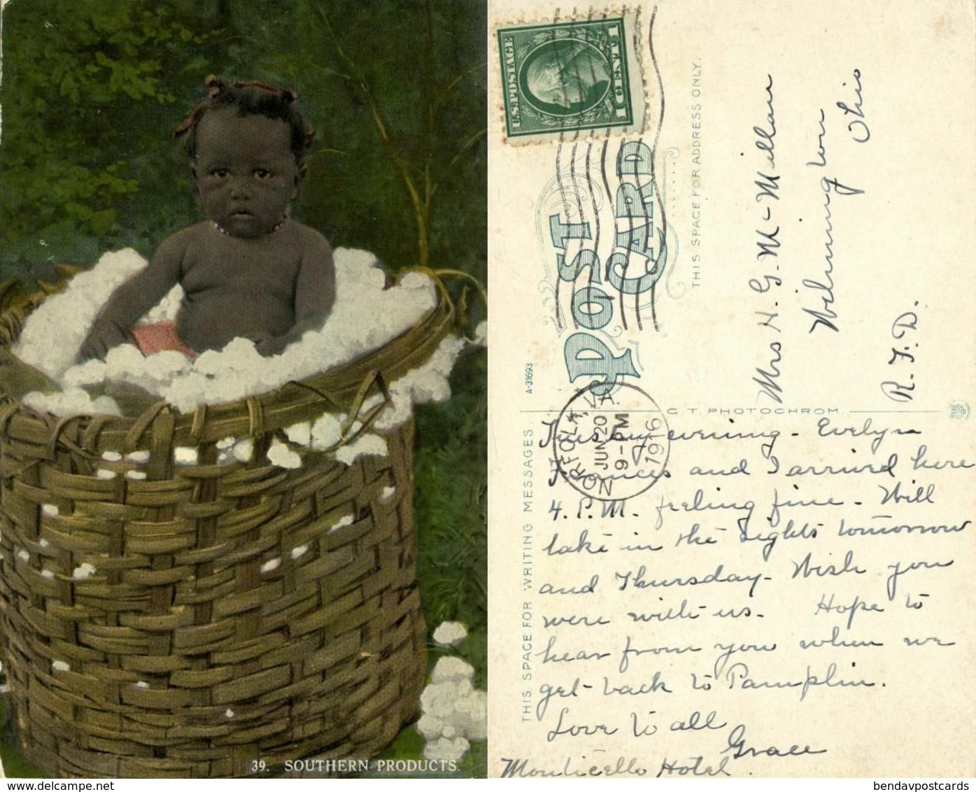 Black Americana, "Southern Products", Cotton (1916) C.T. Photochrom Postcard 39