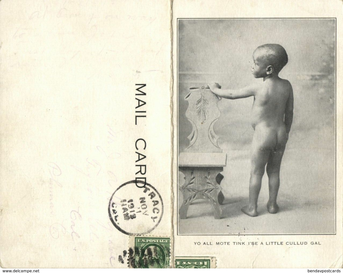 Black Americana, Southern Souvenir, Funny Young Boy (1913) Double Postcard