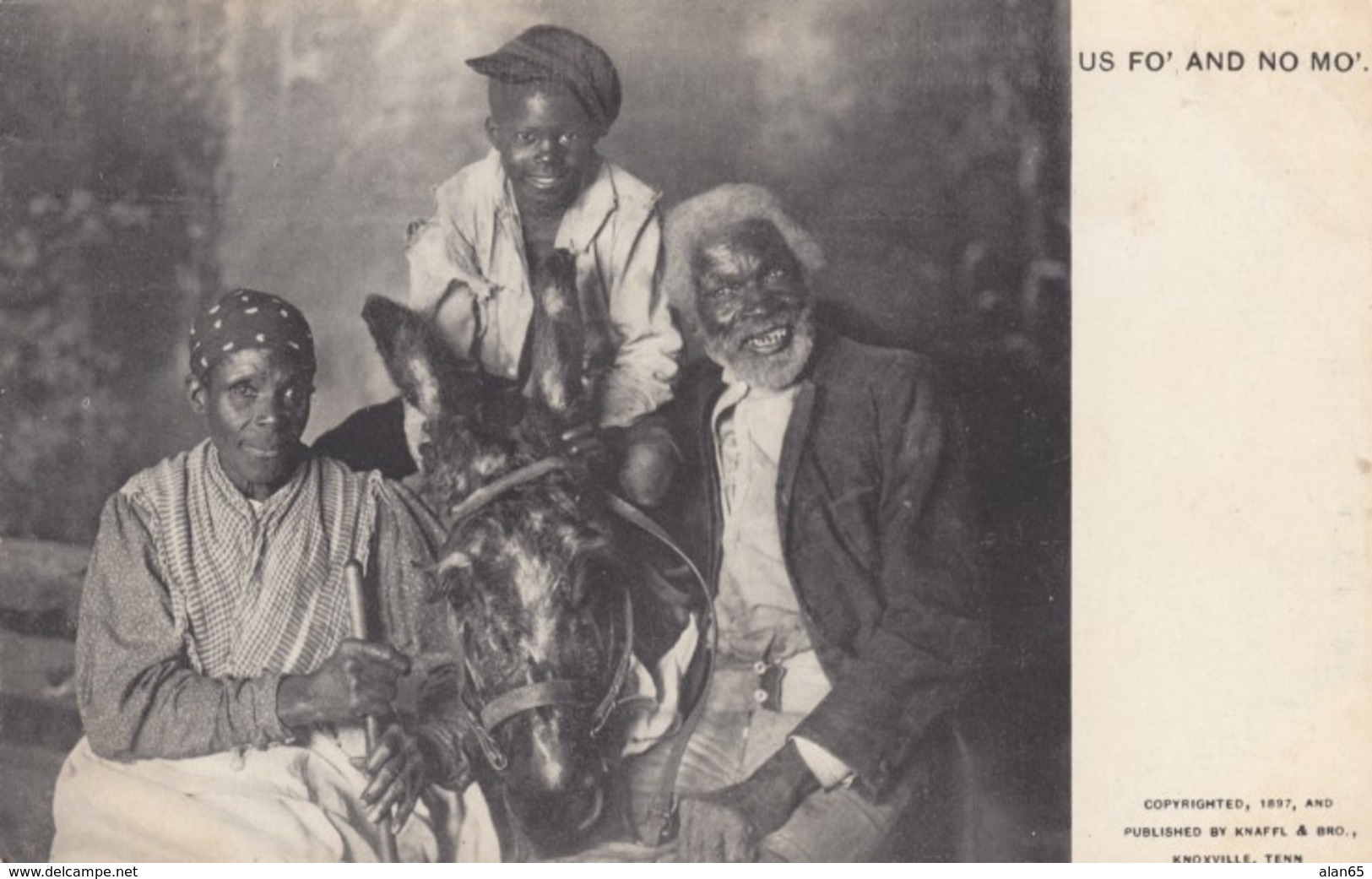 Black Americana, 'Us Fo and No Mo' Black Family with Donkey, c1890s Vintage Postcard