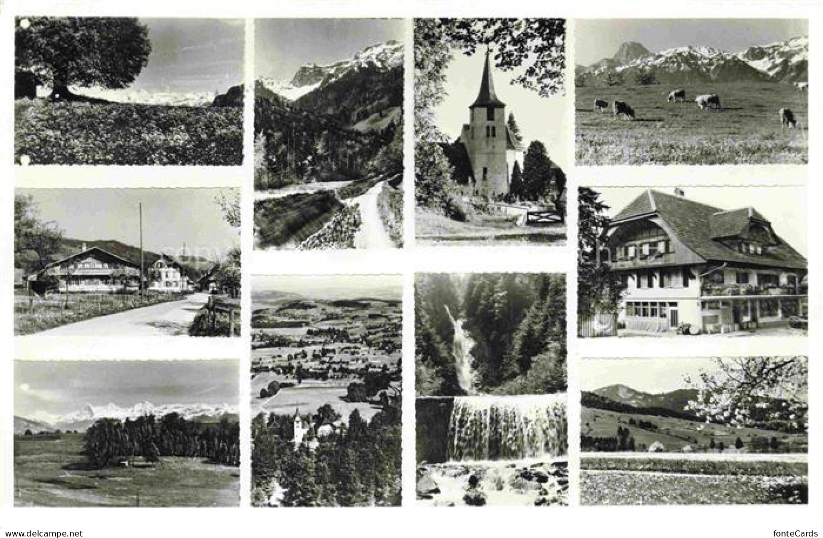 Blumenstein Thun BE Teilansichten Kirche Gasthof Wasserfall Landschaftspanorama