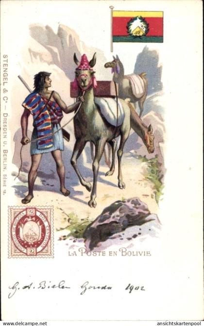 Timbres Lithographie Die Post in Bolivien, Mann mit Lamas