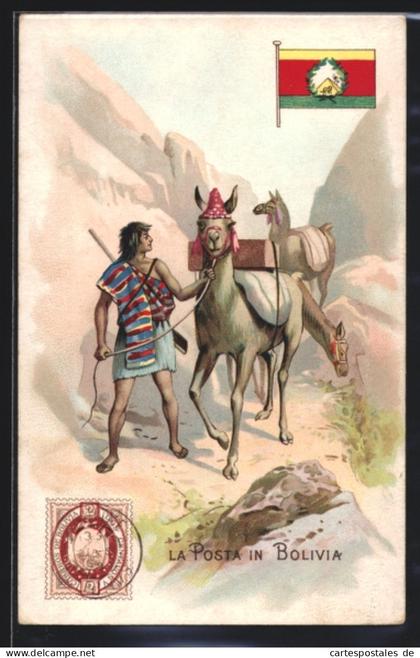 AK Postbote aus Bolivien mit einem Lama