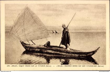 CPA Bolivien, indigenes Schiff auf dem Titicacasee