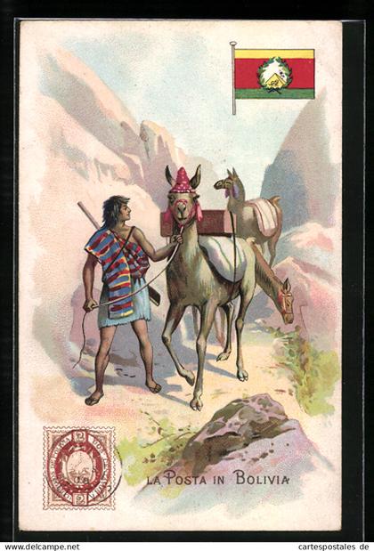 Lithographie Bolivien, La Posta in Bolivia, Postbote mit Lamas, Correo de Bolivia