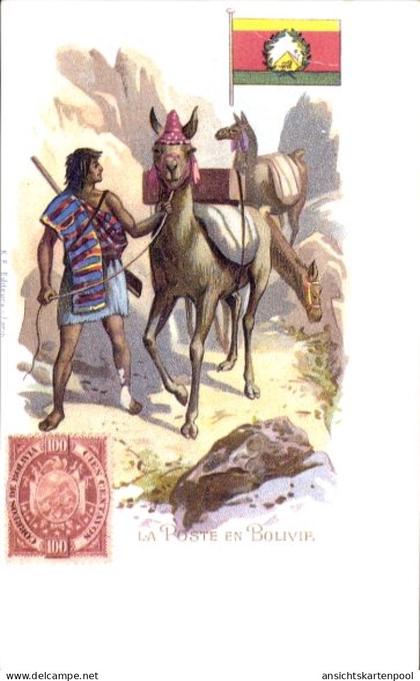 Timbres Lithographie Die Post in Bolivien, Mann mit Lamas