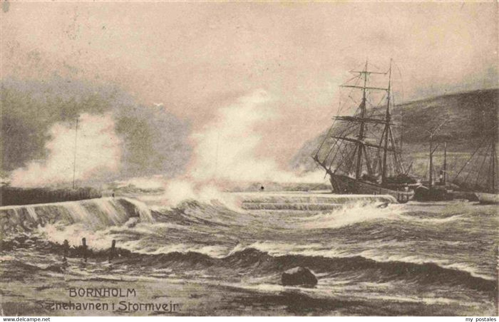 Bornholm DK Snehavnen Stormveir Hafen Segelschiff Sturm Wellen