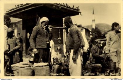 CPA Sarajevo Bosnien Herzegowina, Kantardzija, Volkstümliche Waage am Markte, Händler