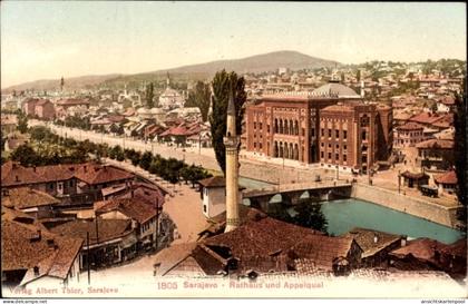 CPA Sarajevo Bosnien Herzegowina, Rathaus, Appelqual, Fluss, Stadtansicht