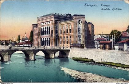 CPA Sarajevo Bosnien Herzegowina, Rathaus, Gradska viječnica, Brücke, Fluss