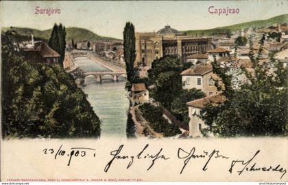 CPA Sarajevo Bosnien Herzegowina, Fluss, Brücke, Gebäude, Bäume,