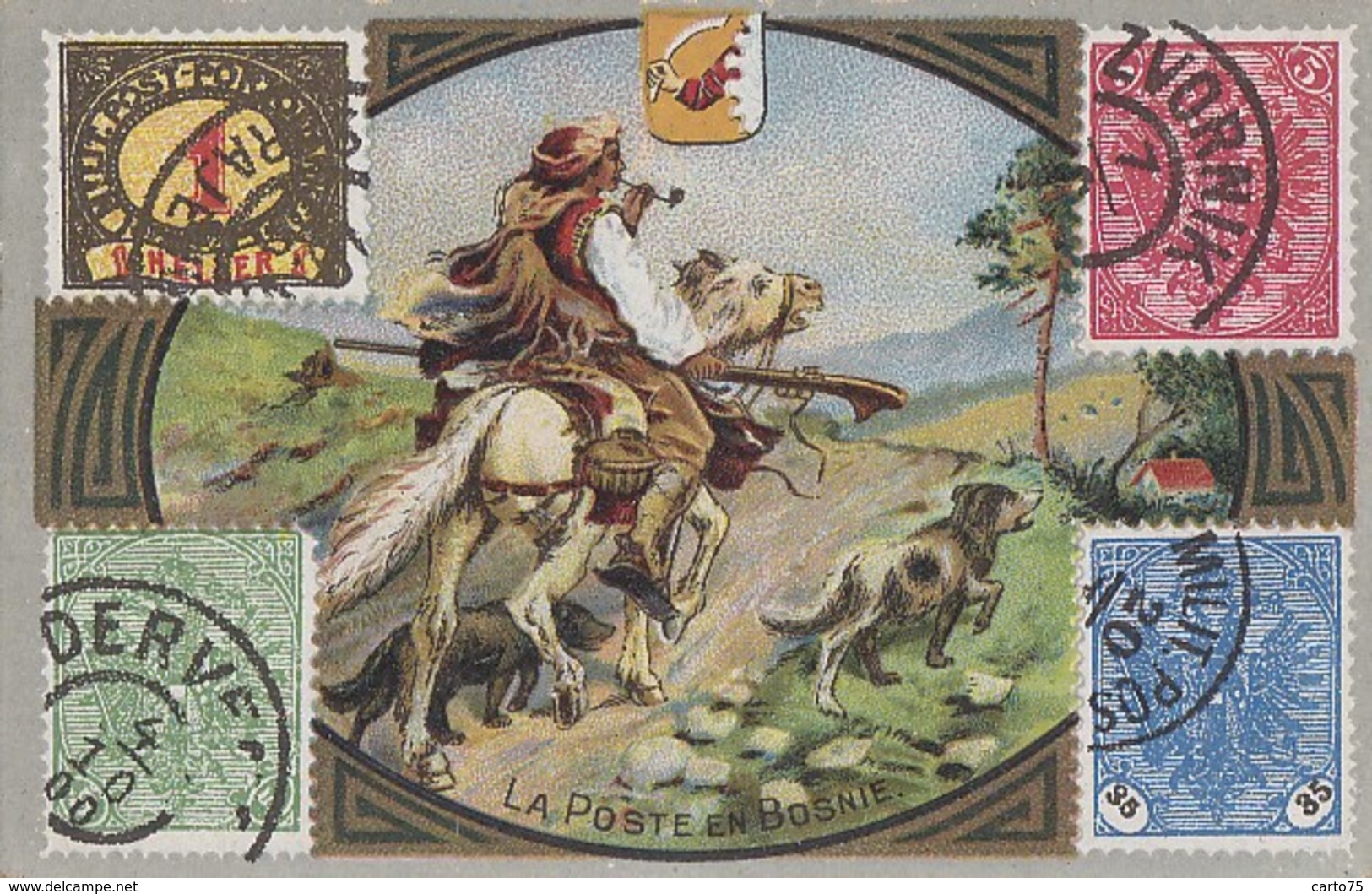 Bosnie-Herzégovine - La Poste en Bosnie - Facteur à cheval avec ses chiens - Publicité Médecine Robin