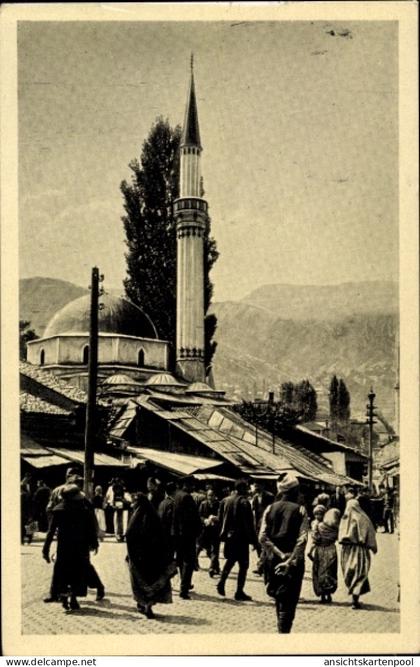 CPA Sarajevo Bosnien Herzegowina, Moschee, Minarett, Märkte, Menschen, historische Architektur