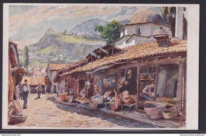Ansichtskarte Künstlerkarte Sarajevo Markt Strasse Berge Bosnien Herzegowina