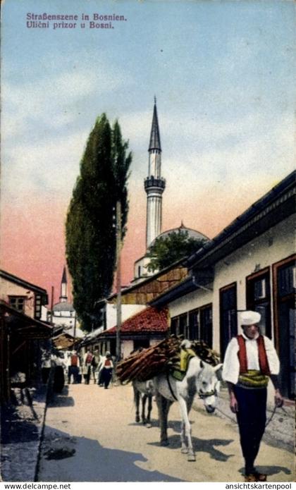 CPA Bosnien Herzegowina, Straßenszene, Minarett, Esel