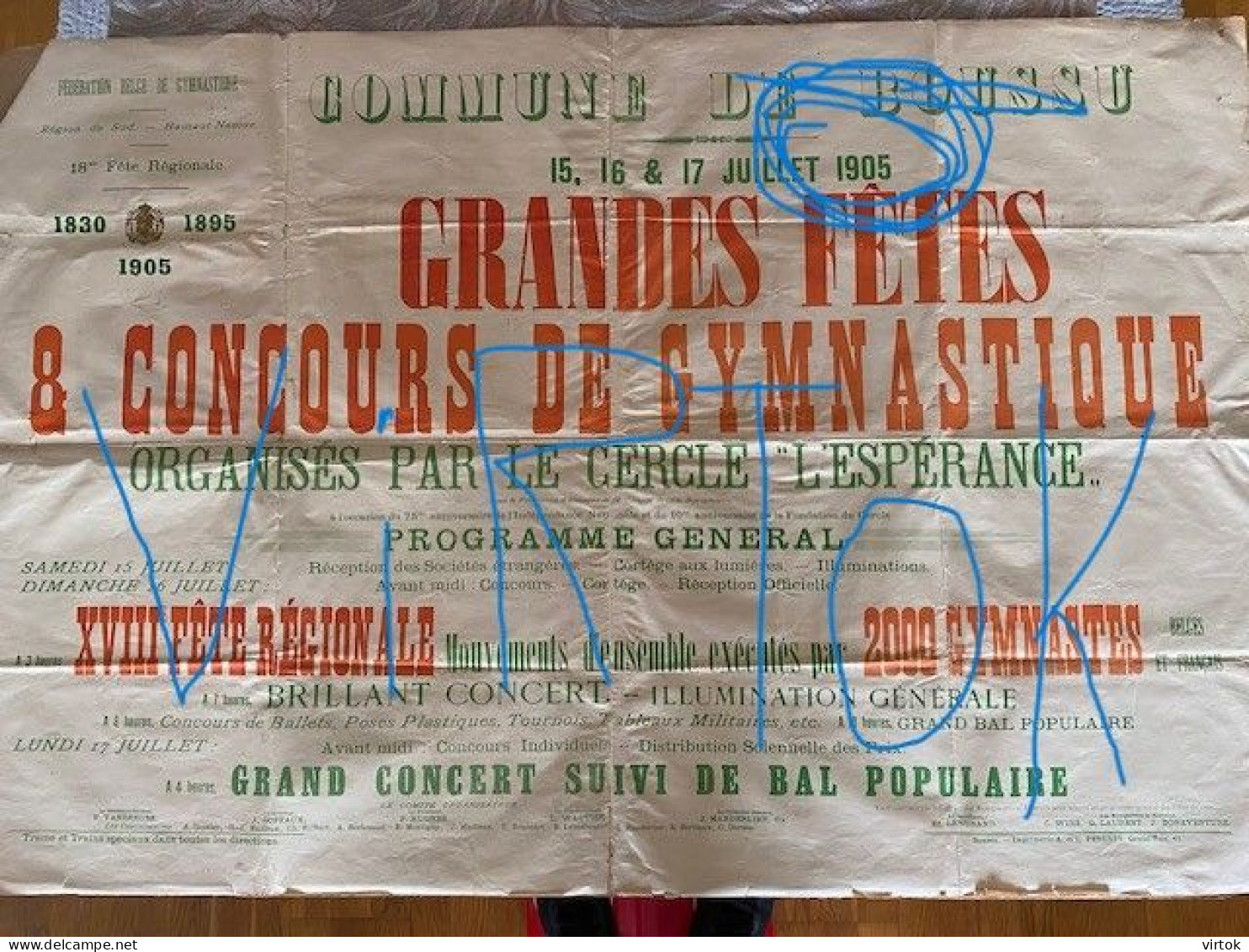 BOUSSU :  affiche 1905 ( 120 cm x 60 cm ) : grand fetes & concours de Gymnastique  (  voir scans état ) pièce unique