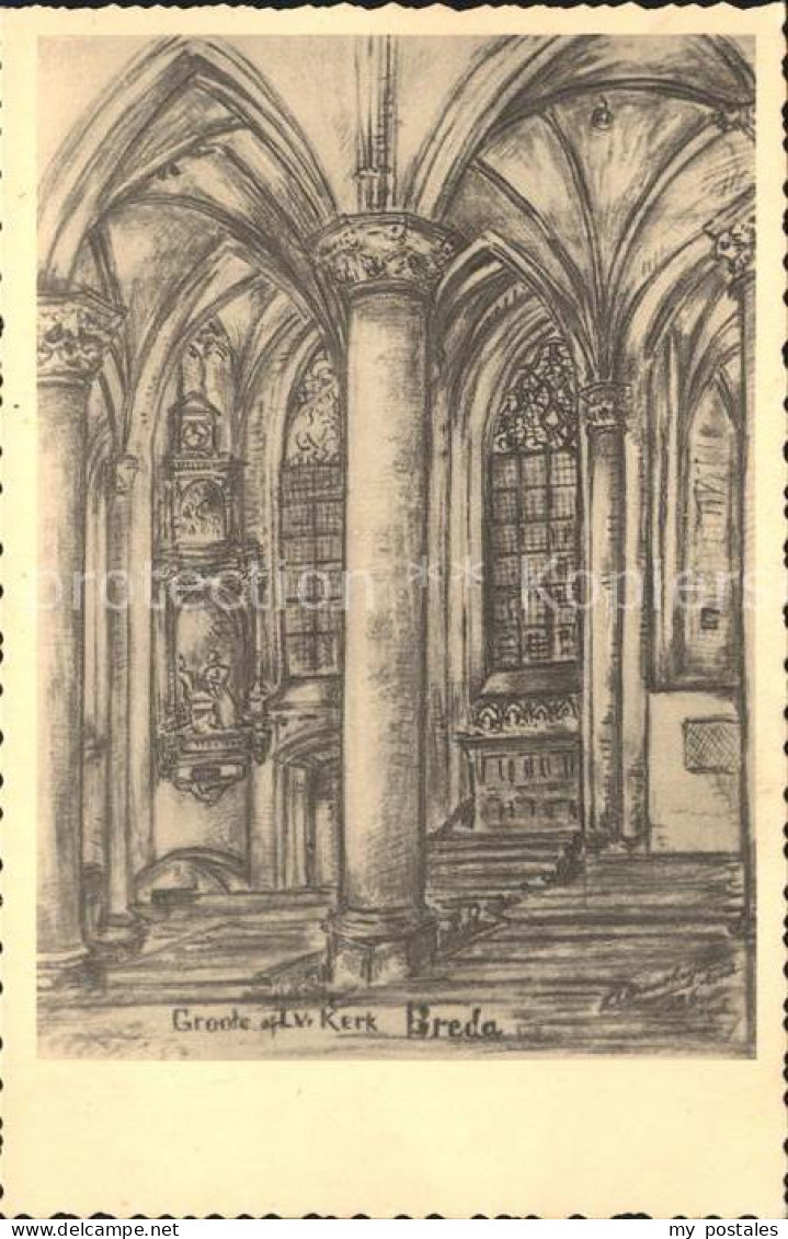 Breda Noord-Brabant Groote Kerk Zeichnung Kuenstlerkarte