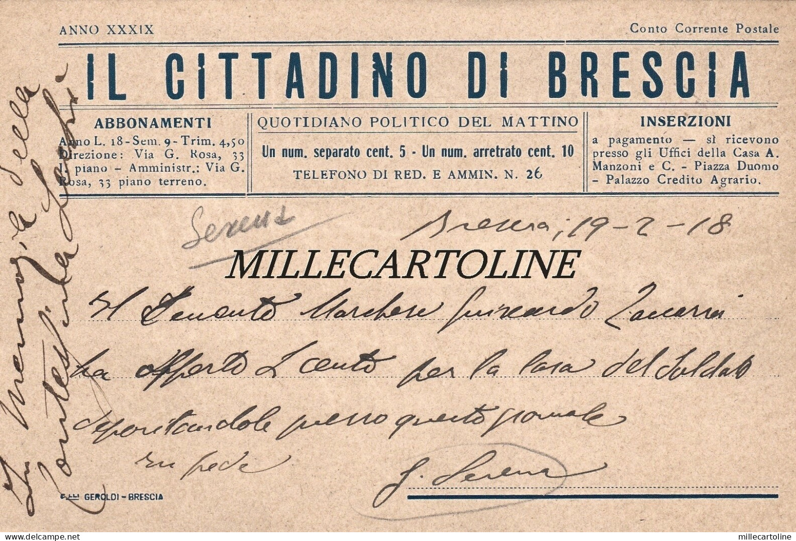 BRESCIA: testatina - "Il Cittadino di Brescia"  1918 in memoria della contessina