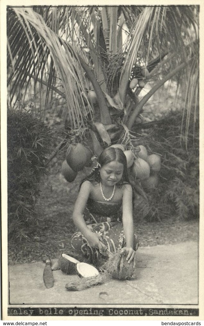 british north borneo, SABAH SANDAKAN, Malayan Girl Coconut (1930s) Real Photo
